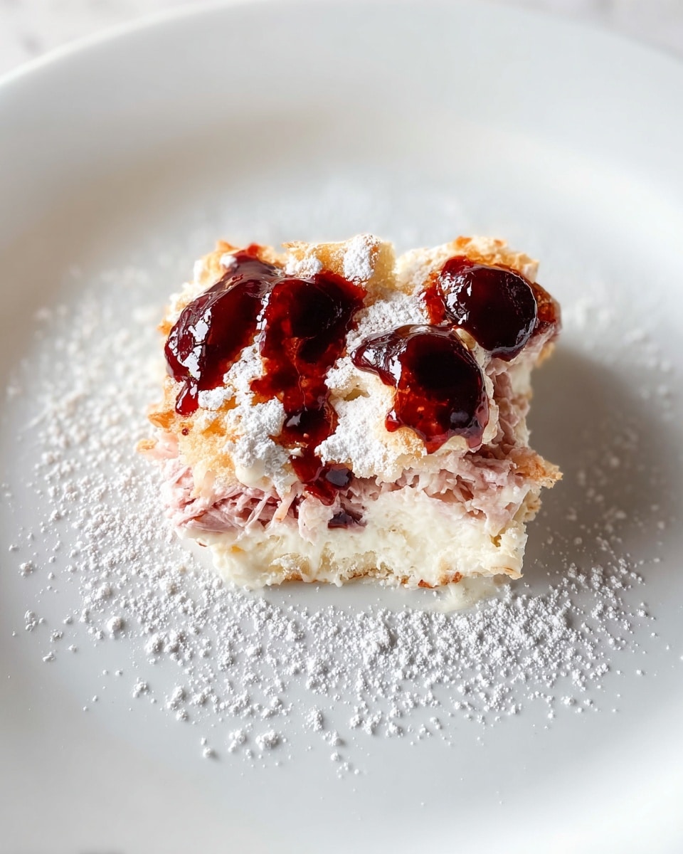A small piece of layered dessert sits in the center of a white plate on a white marbled texture. The bottom layer is light and fluffy, creamy white with some golden toasted edges. Above this is a layer of pinkish shredded bits, soft and textured. On top are dollops of dark red, glossy sauce, unevenly spread over the surface. The dessert is lightly dusted with white powdered sugar that spreads slightly around the piece on the plate, adding a soft contrast. photo taken with an iphone --ar 4:5 --v 7