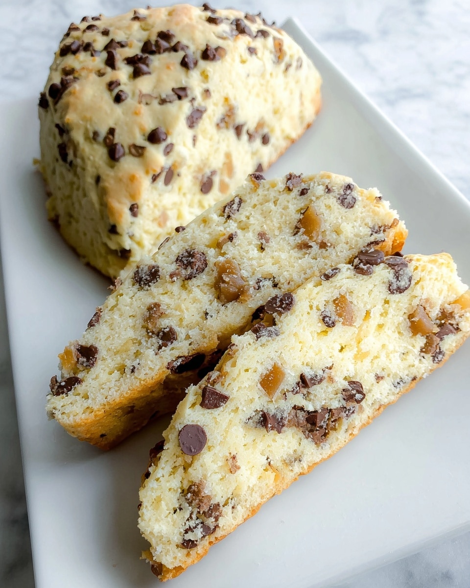 The image shows a white triangular plate holding a large baked scone with chocolate chips scattered throughout its pale golden surface. In front of the whole scone, two thick slices are cut and placed leaning against each other, revealing a soft, crumbly inside full of small dark chocolate chips and chunks of caramel-colored pieces. The texture looks tender and slightly crumbly, with the chocolate chips and caramel chunks embedded evenly in the dense dough. The plate is set on a white marbled background. photo taken with an iphone --ar 4:5 --v 7