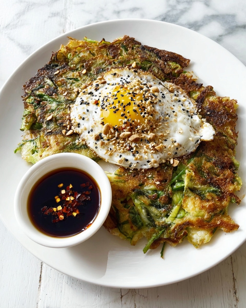A white plate holds a crispy, unevenly shaped pancake made with green vegetables, showing a mix of golden brown and vibrant green colors, with some charred spots and a rough texture. On top rests a fried egg with a slightly crispy edge, mostly white with a small area of soft-runny yolk visible, sprinkled with black and white sesame seeds and bits of crushed nuts. To the side is a small white bowl filled with a dark soy-based dipping sauce topped with chili flakes, all set on a white marbled surface. photo taken with an iphone --ar 4:5 --v 7