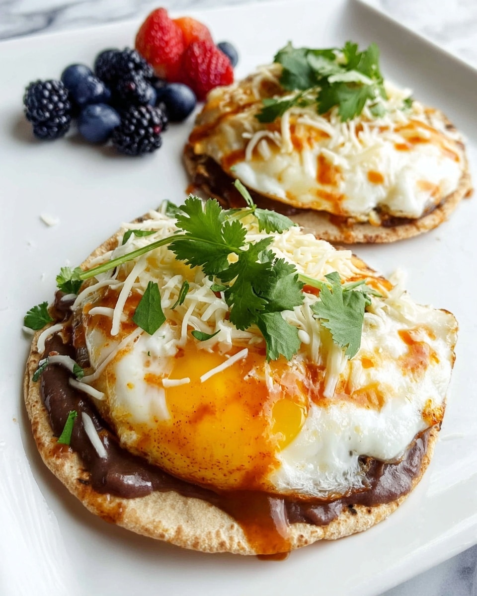Two tostadas are shown on a white plate with a white marbled texture background. Each tostada has a base layer of light brown, crispy flatbread topped with a spread of dark brown refried beans. On top of the beans is a sprinkling of shredded pale yellow cheese. The main layer on top is a fried egg, cooked with white edges and a runny golden yolk leaking out slightly. A reddish-orange sauce is drizzled over the eggs. Fresh green cilantro leaves are scattered on top, adding a bright color contrast. In the background on the top part of the plate, there is a small pile of dark blackberries, deep blue blueberries, and red strawberry pieces. Photo taken with an iphone --ar 4:5 --v 7
