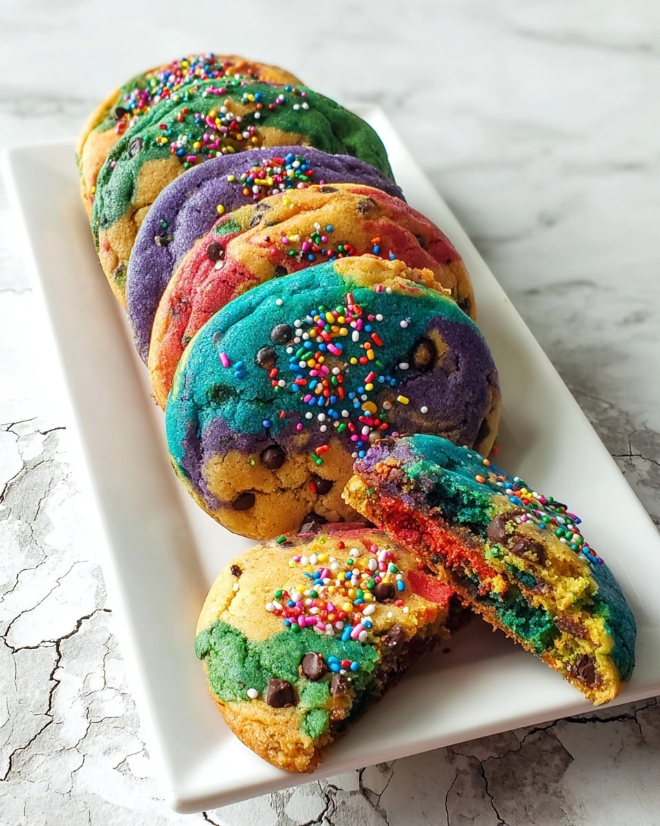 A white rectangular plate holds six large, round, multicolored cookies arranged in a curved stack, each cookie showing layers of bright turquoise, purple, green, red, orange, and yellow colors swirled together with small chocolate chips and multicolored sprinkles on top. The cookie at the front is broken in half, revealing a soft, thick inside with vibrant red, turquoise, yellow, green, and orange layers mingled with chocolate chips and sprinkles. The background is a white marbled texture with some cracks and peeling. photo taken with an iphone --ar 4:5 --v 7