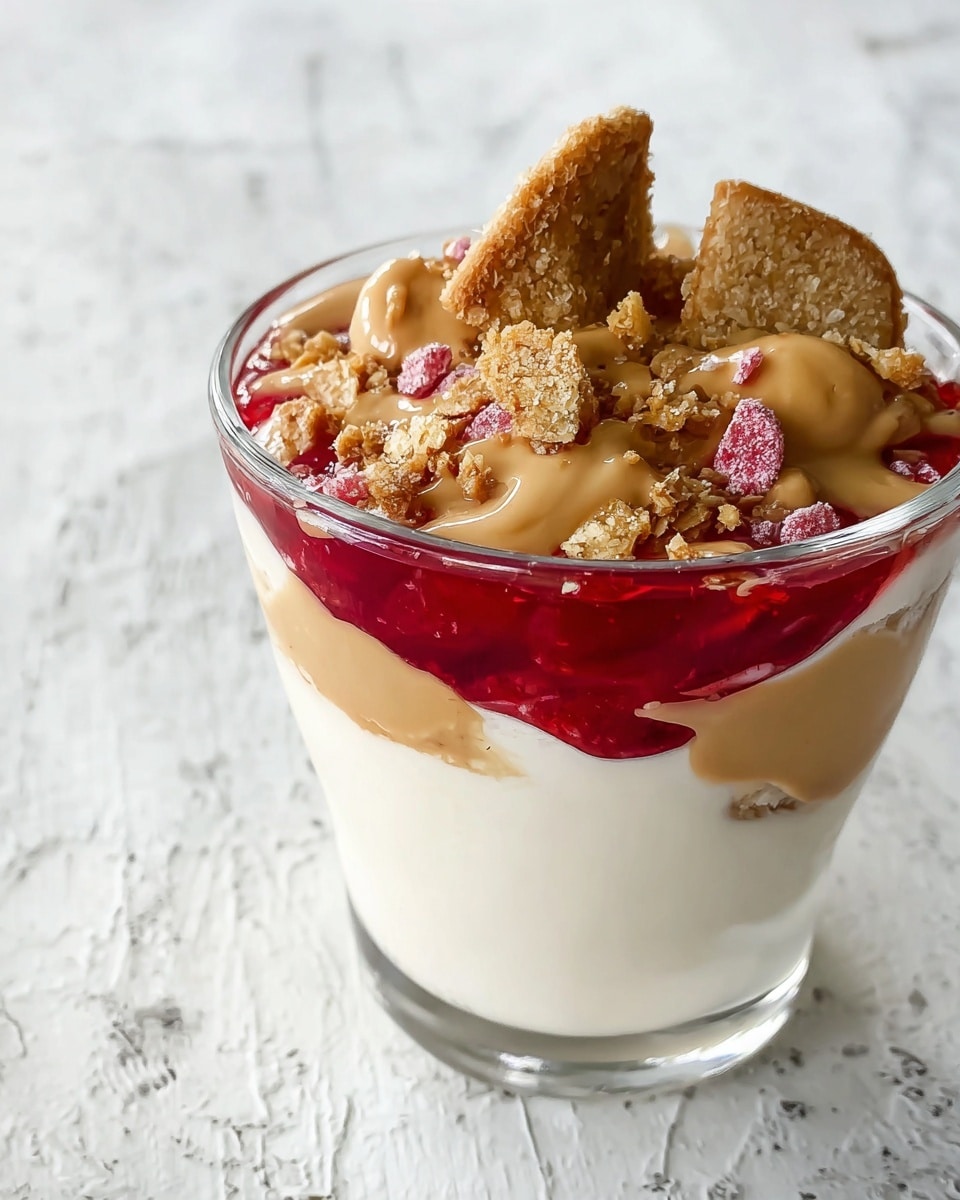 A clear glass cup filled with a three-layer dessert is placed on a white marbled texture. The bottom layer is a thick, smooth, white cream. Above this sits a bright red, glossy fruit or jelly layer that looks sticky and fresh. The top layer is a mix of crunchy textures and colors, including crumbly golden brown pieces, smooth light brown peanut butter drizzles, and a few scattered dried strawberry pink chips. The dessert looks rich with a mix of creamy, sticky, and crunchy elements. photo taken with an iphone --ar 4:5 --v 7