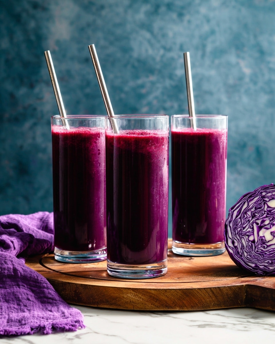Three tall clear glasses filled with a deep purple smoothie are placed side by side on a wooden round board. Each glass has a metal straw sticking out from the top. In the background, there is a halved purple cabbage on the right and a purple cloth on the left. The surface underneath the board and the background have a white marbled texture. photo taken with an iphone --ar 4:5 --v 7