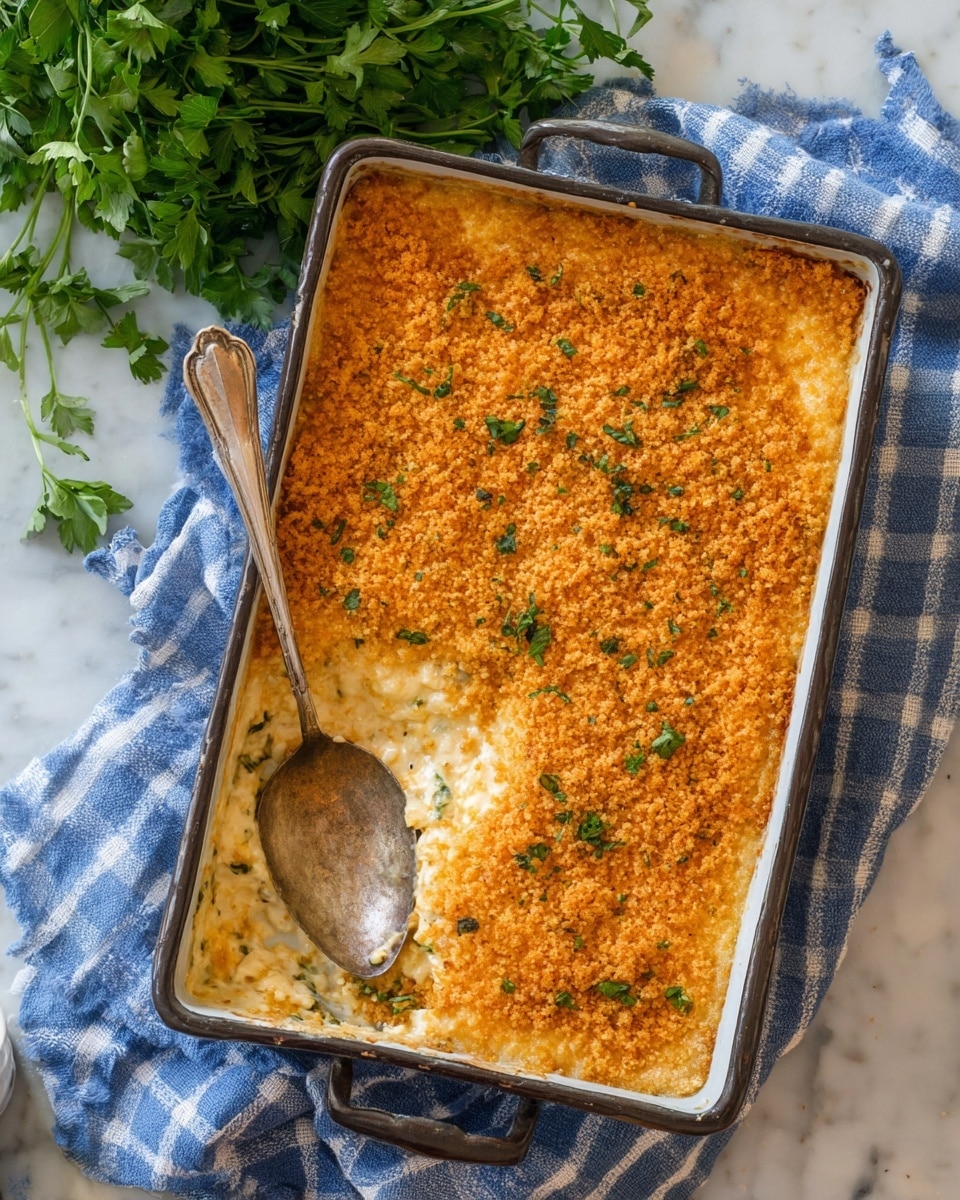 A large rectangular deep baking dish with a golden brown crunchy topping that covers a creamy cheesy white layer beneath, visible where a portion has been scooped out with a vintage silver spoon resting inside the dish near one corner; the crunchy top is sprinkled with small green herb pieces, adding color contrast. The dish is placed on a blue and white checkered cloth, set on a white marbled surface, with fresh green parsley nearby adding freshness to the scene. Photo taken with an iphone --ar 4:5 --v 7