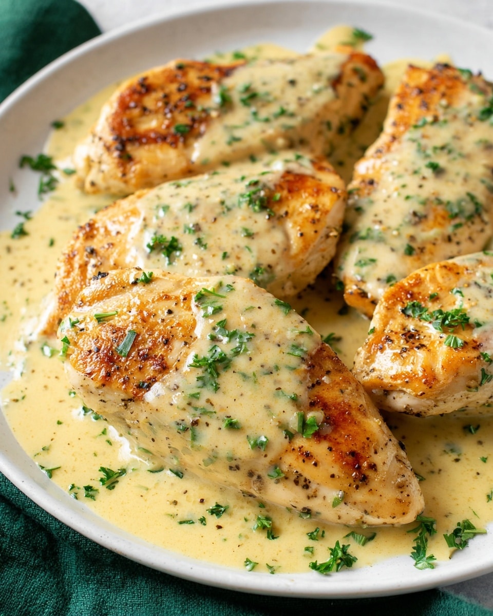 The image shows several browned and cooked chicken breasts arranged on a white plate, covered with a thick light yellow creamy sauce with small green herb pieces sprinkled on top and around the chicken. The chicken breasts have a slightly crispy texture with visible grill marks and specks of black pepper on their surface. The sauce has a smooth texture, flowing around and partially covering the chicken, with fresh parsley chopped and scattered for garnish. The plate rests on a white marbled textured surface with a green cloth partially visible under it. photo taken with an iphone --ar 4:5 --v 7