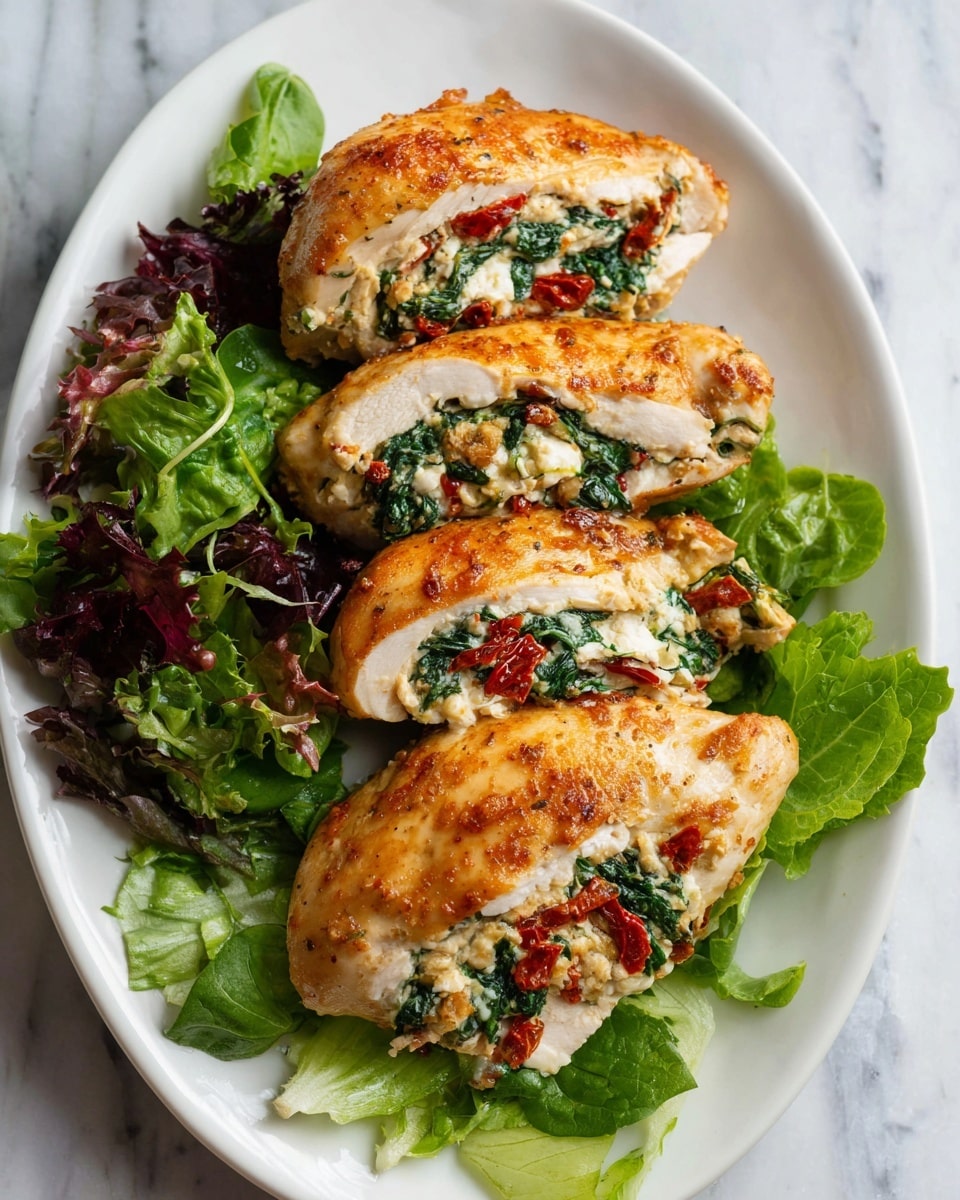 A white oval plate holds four stuffed chicken breasts, each golden brown with a crispy texture on top. The chicken breasts are sliced open and filled with vibrant layers of cooked spinach, creamy white cheese, and bits of red sun-dried tomatoes. Surrounding the chicken on one side of the plate is a mixed green salad with different shades of leafy greens, from bright to dark, adding fresh contrast. The plate is placed on a white marbled surface, creating a clean and fresh look. photo taken with an iphone --ar 4:5 --v 7