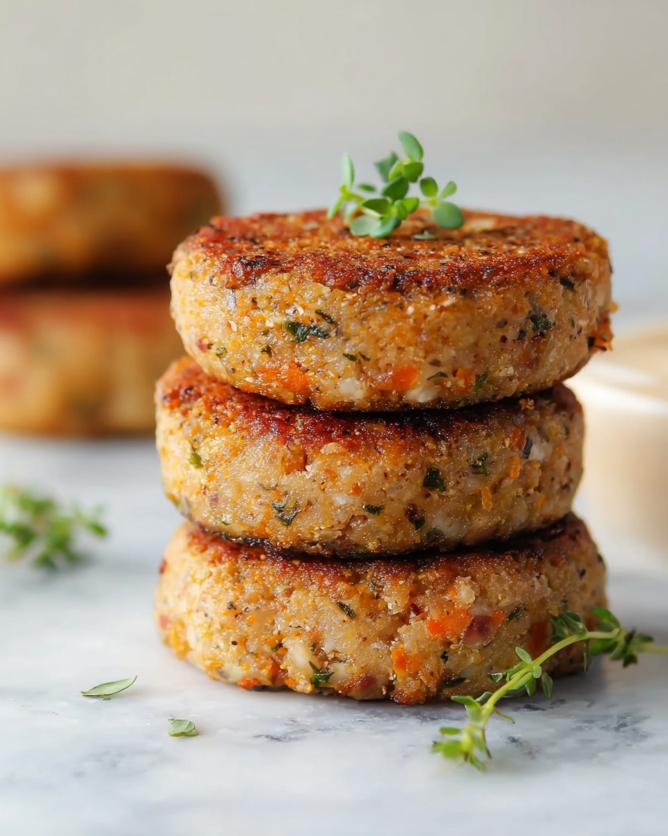 A stack of three thick, round patties with a crispy, golden-brown outer layer sits on a white marbled surface. Each patty shows a textured mix of small bits of herbs and finely chopped ingredients, adding flecks of green, orange, and off-white to the light brown base. On top of the stack rests a small sprig of fresh green herbs, giving a touch of color contrast. In the blurred background, another patty is visible. The overall look is warm and appetizing, highlighting the crunchy texture and herb mix. photo taken with an iphone --ar 4:5 --v 7