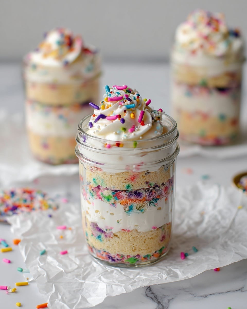 A clear glass jar holds a three-layered dessert with light beige cake layers filled with colorful sprinkles inside, alternating with two thick white creamy layers. The top is covered with a swirl of white frosting, decorated with round and long colorful sprinkles in pink, purple, blue, yellow, green, and orange. The jar sits on crumpled white paper over a white marbled surface, with scattered sprinkles nearby. Two similar jars blurred in the background also show the same layered dessert. Photo taken with an iphone --ar 4:5 --v 7