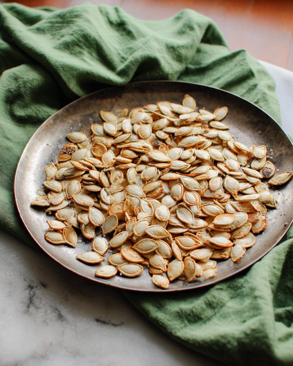 A round metal tray filled with a single layer of toasted pumpkin seeds, which are light golden brown with some darker spots, spread out unevenly across the tray. The texture of the seeds is dry and slightly crispy. Behind the tray, a soft green cloth is casually placed, adding a splash of color. The tray sits on a white marbled texture surface. photo taken with an iphone --ar 4:5 --v 7