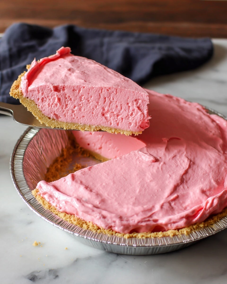 A pink pie with three layers is shown in a round silver pie tin on a white marbled surface. The bottom layer is a crumbly golden crust that lines the base and edges. Above it is a thick, smooth, and creamy bright pink filling that looks soft and whipped. The top layer is an even spread of the same bright pink cream, slightly thicker in some parts, giving a fluffy texture. One slice is lifted up using a pie server, showing the filled layers clearly. The background is simple with a dark cloth partially visible. Photo taken with an iphone --ar 4:5 --v 7