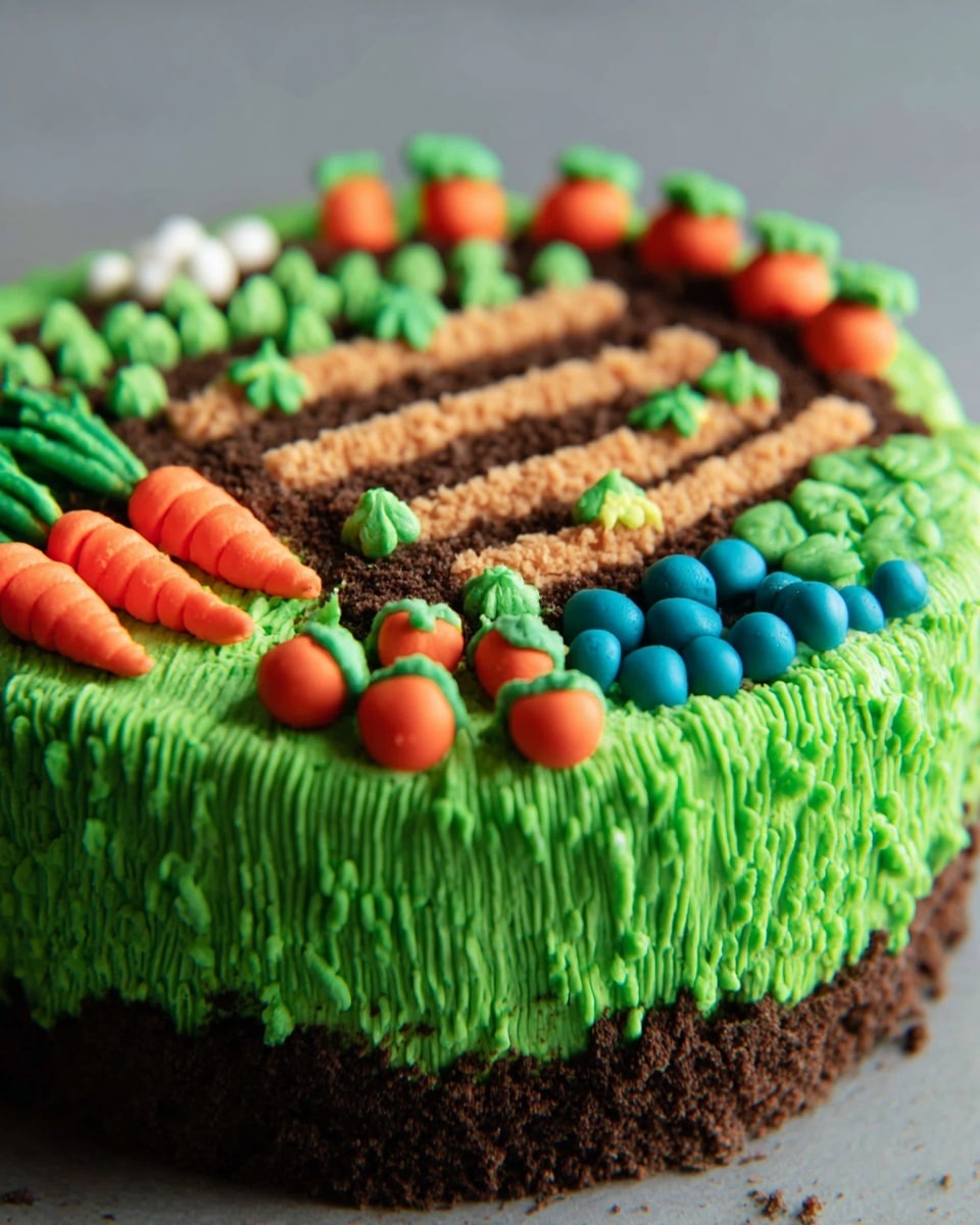 This cake has a thick green frosting covering the sides and the top, resembling grass. The base edge is lined with a strip of crushed dark crumbs, like soil. Around the lower part of the side is a brown icing fence with vertical and horizontal pieces. The top of the cake has several sections with different decorations: two parallel rows of brown piped lines in the middle representing wooden planks, dark crumb areas on either side acting as soil, and various colorful vegetable-shaped decorations made from icing or fondant including red tomatoes with green leaves, orange carrots, small blue berries, white onions, green leafy vegetables, and tan potatoes scattered around. The edge of the top is piped with grass-like green icing all around. The cake is placed on a white plate on a white marbled surface. photo taken with an iphone --ar 4:5 --v 7