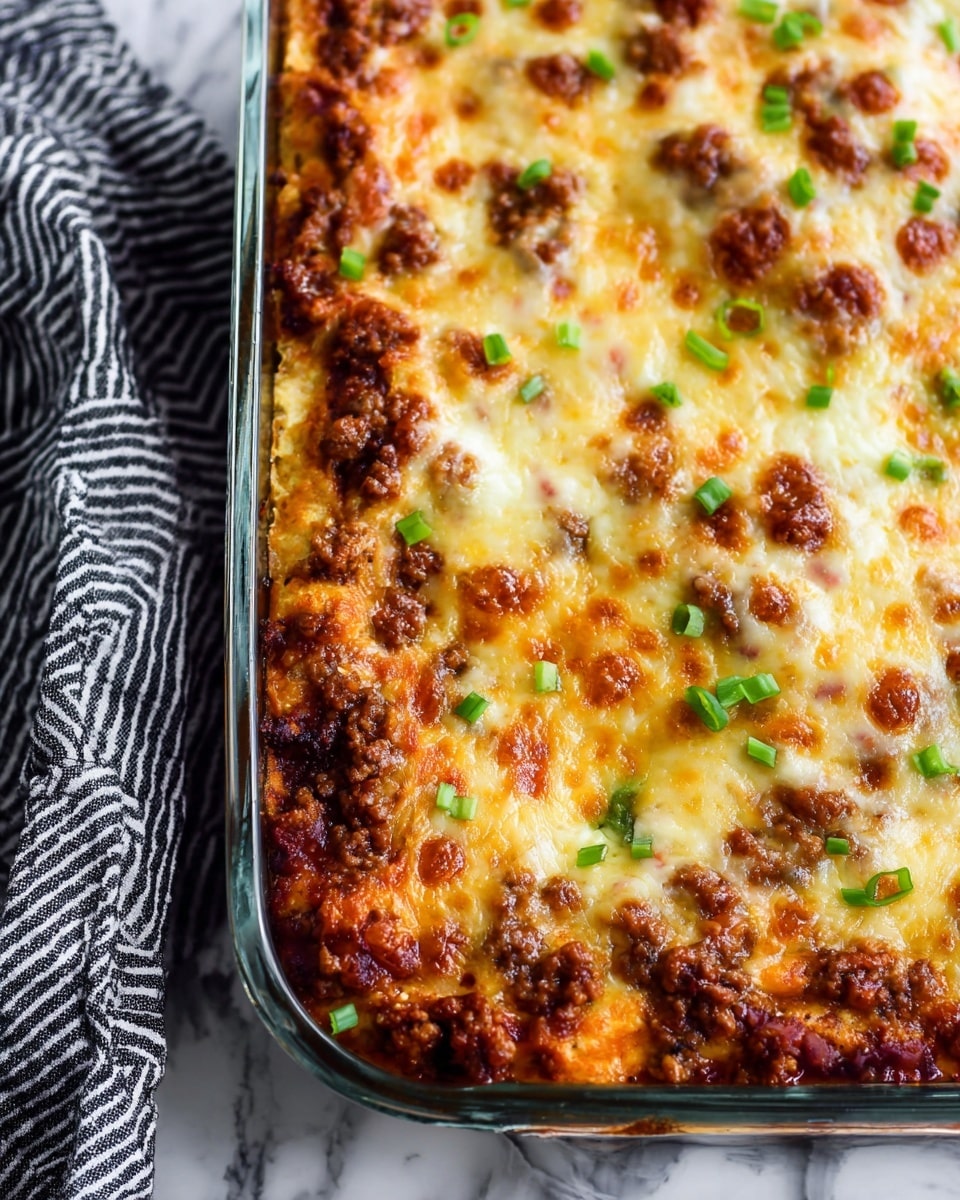 A close-up view of a baked casserole in a glass dish, showing a thick, cheesy top layer that is golden brown and bubbly with small browned spots. Underneath the cheese is a rich, browned layer of ground meat mixed with a red sauce visible along the edges. Scattered finely chopped green onions are on top, adding small bright green pops of color. The glass container sits on a white marbled surface with a black and white striped cloth partially visible on the left side. photo taken with an iphone --ar 4:5 --v 7