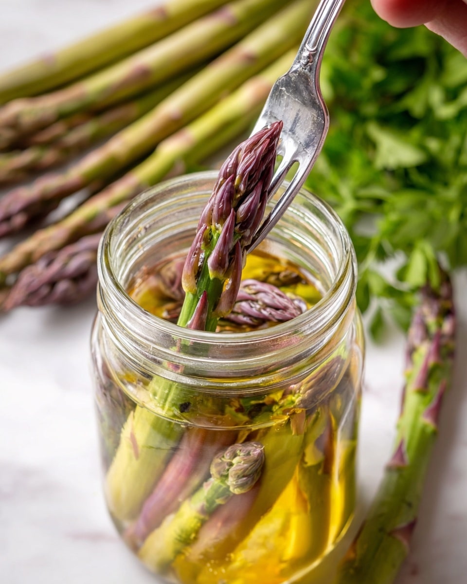 A close-up image shows a clear glass jar filled with light green and purple asparagus spears submerged in a yellowish liquid. A silver fork is lifting one spear out of the jar, displaying its tightly closed purple tip with a smooth, slightly shiny texture. In the background, several fresh asparagus spears lie diagonally on a white marbled surface, along with blurred green leafy herbs. The scene captures the contrast between the vibrant colors of the asparagus and the clear glass jar on the clean white marble. Photo taken with an iphone --ar 4:5 --v 7