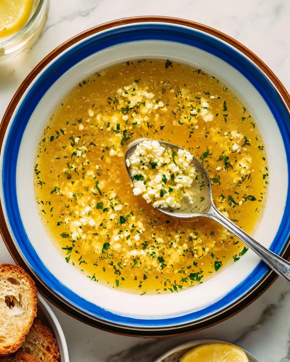 The image shows a bowl of soup with two main layers: the bottom layer is clear golden broth with oil droplets floating on top, and the top layer is a spread of small, white, curd-like pieces floating in the broth. Green herbs are sprinkled evenly across the surface, adding a fresh touch. The soup is in a white bowl with a blue rim, placed on a larger white bowl with brown edges on a white marbled surface. A silver spoon rests inside the soup, holding a scoop of the curd-like pieces. Toasted slices of bread are partially visible at the bottom left corner, and a glass of water with a lemon slice is faintly visible at the top right. Photo taken with an iphone --ar 4:5 --v 7