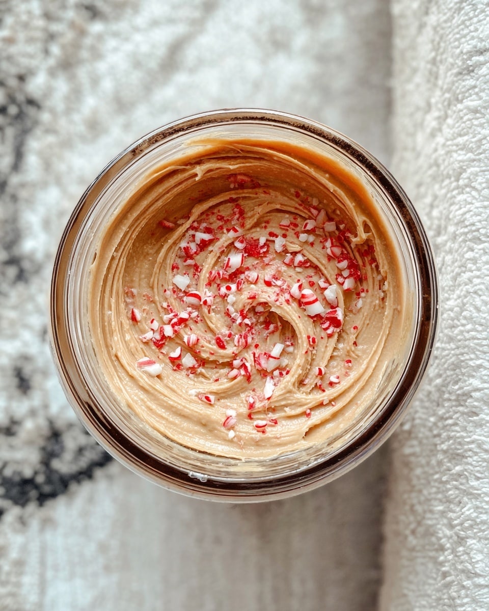 A close-up top view of a glass jar filled with light brown creamy peanut butter, swirled inside with a textured, smooth surface, sprinkled with small crushed red and white peppermint candy pieces mainly concentrated in the center. The jar rests on a white marbled textured surface with a soft, towel-like cloth partially visible underneath. The overall look highlights the creamy texture with the contrast of the red peppermint flakes. photo taken with an iphone --ar 4:5 --v 7
