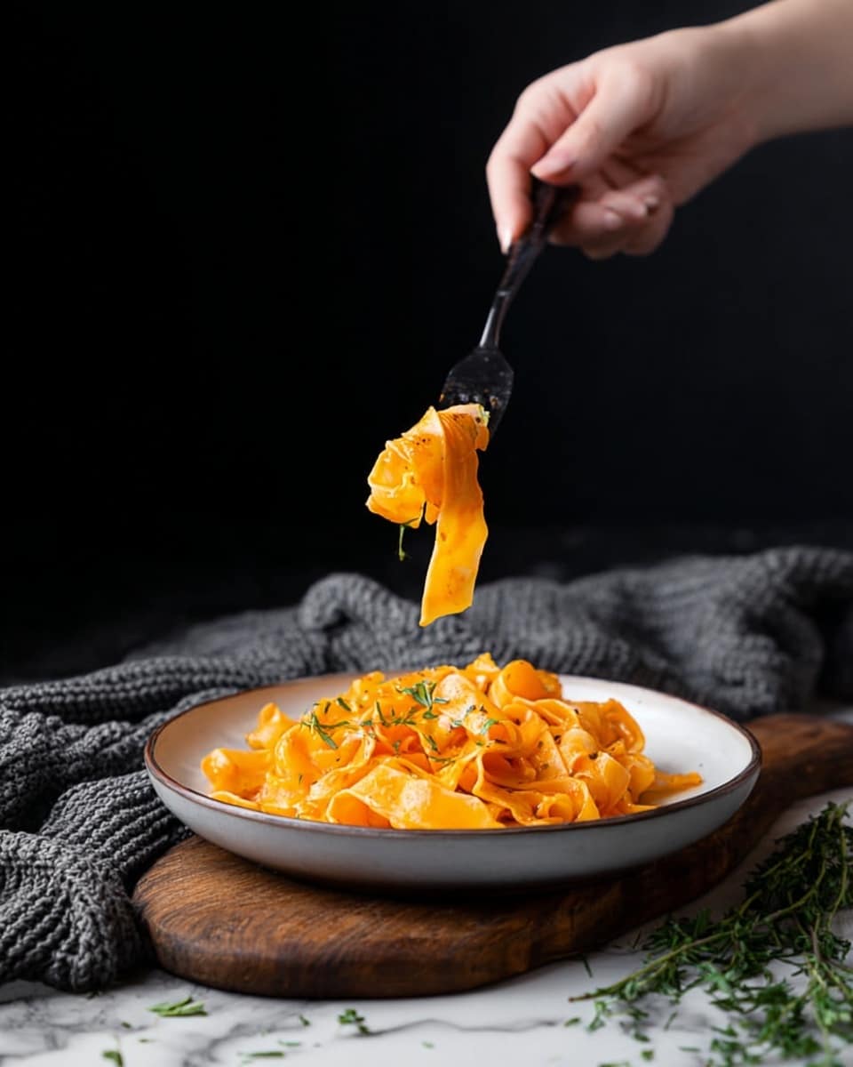A close-up view shows a dish of wide, flat orange pasta noodles served in a white plate that sits on a wooden board. The pasta is layered in the plate, with a light glossy texture and sprinkled with small green herbs, adding contrast. A woman’s hand lifts some noodles with a fork above the plate, creating a gentle twist of noodles in the air. The background is dark, while the plate rests on a surface that appears to have a white marbled texture, with green herbs and a grey knitted cloth nearby. The overall scene is simple and focused on the vibrant pasta. photo taken with an iphone --ar 4:5 --v 7