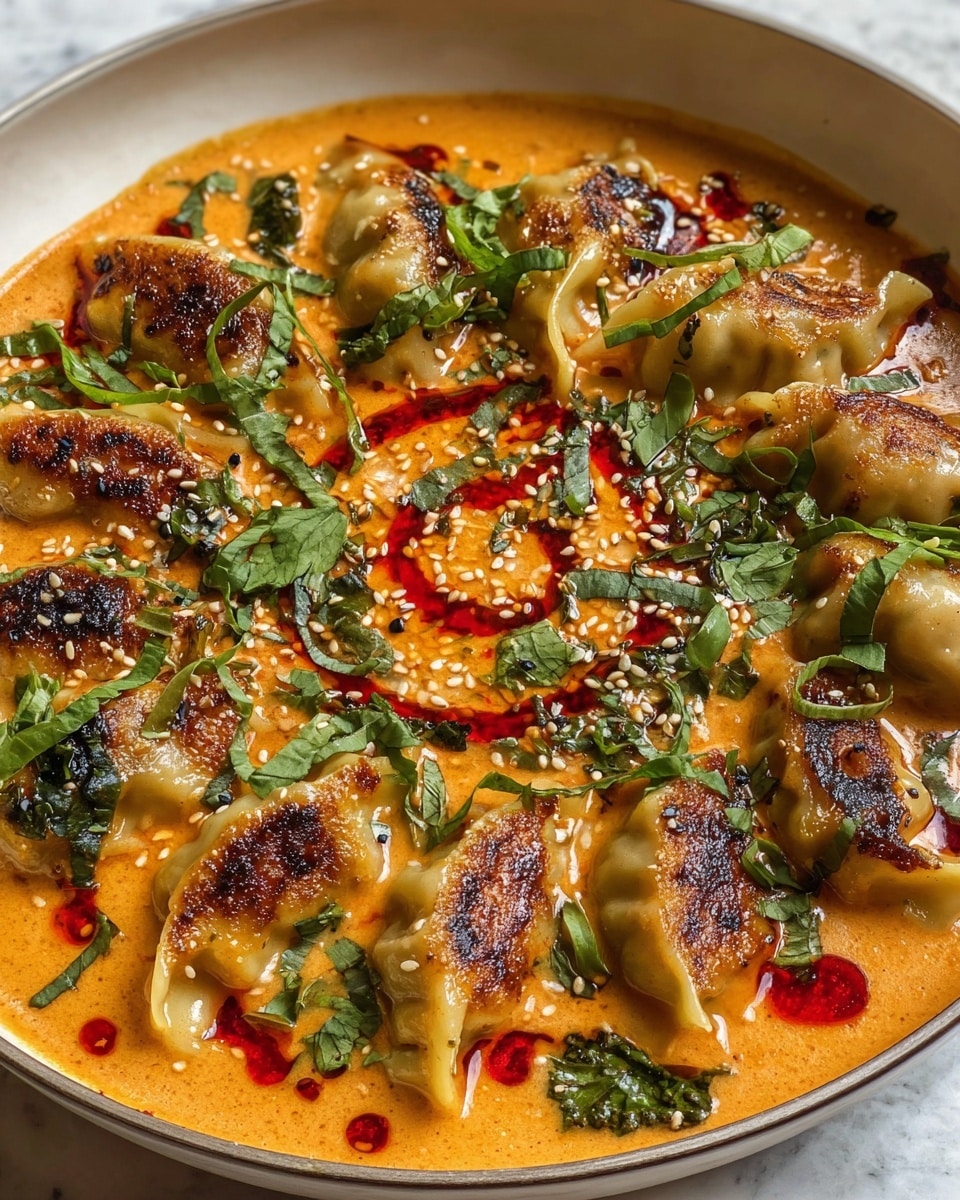 A white bowl holds a rich, creamy orange sauce with swirls of red chili oil on top, giving a glossy and spicy look. There are about eleven golden brown, pan-fried dumplings arranged in a circle around the center, with slightly crispy, darker browned spots on each one. Green leafy herbs are scattered generously across the dish, adding a fresh contrast, along with small white sesame seeds sprinkled evenly. The sauce’s texture looks smooth and slightly thick, covering some green leaves emerging just beneath the surface. The whole dish sits on a white marbled surface, creating a clean and bright background. photo taken with an iphone --ar 4:5 --v 7