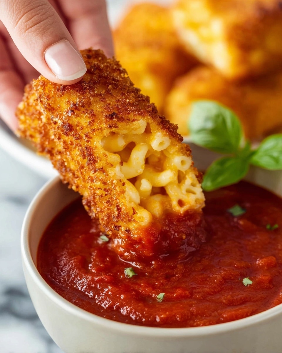 A close-up of a woman’s hand dipping a crispy, golden brown fried mac and cheese stick into a white bowl filled with thick, deep red marinara sauce. The mac and cheese stick shows three visible layers: a crunchy textured outer crust, a smooth gooey layer of melted cheese inside, and tightly packed elbows macaroni layered in the center. The bowl is placed on a white marbled surface, with a green basil leaf garnish slightly visible resting on the edge of the bowl. Photo taken with an iphone --ar 4:5 --v 7