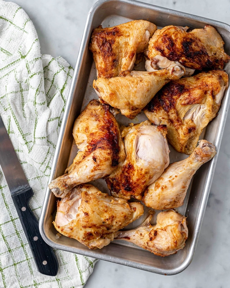 A close-up image of a white rectangular metal tray filled with seven pieces of cooked chicken, showing a mix of thighs, drumsticks, wings, and breasts. The chicken skin is golden brown with some areas darker and crispy, while other parts show a lighter, tender white meat underneath. The pieces are arranged slightly overlapping in the tray, which is placed on a white marbled surface next to a knife with a black handle. A white cloth with a green check pattern is partially visible on the left side of the tray. photo taken with an iphone --ar 4:5 --v 7