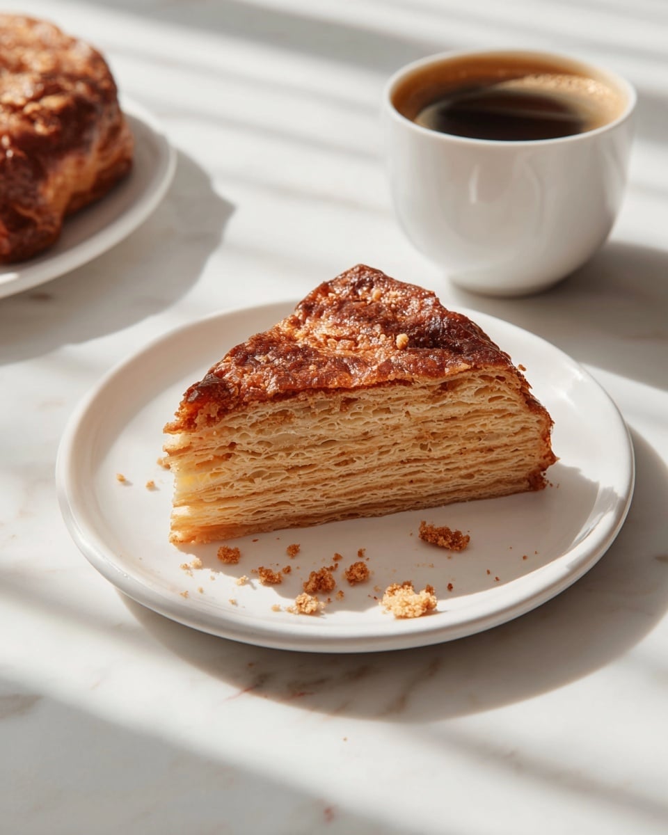 A single slice of a layered pastry sits on a white plate, showing multiple thin, light golden layers inside with a softly textured crumb, topped by a darker, caramelized, crunchy crust with a slightly uneven surface. Small crumbs are scattered around the plate. Next to the plate is a white cup filled with dark coffee having a light froth on top, all placed on a white marbled surface with soft natural light casting gentle shadows. Photo taken with an iphone --ar 4:5 --v 7