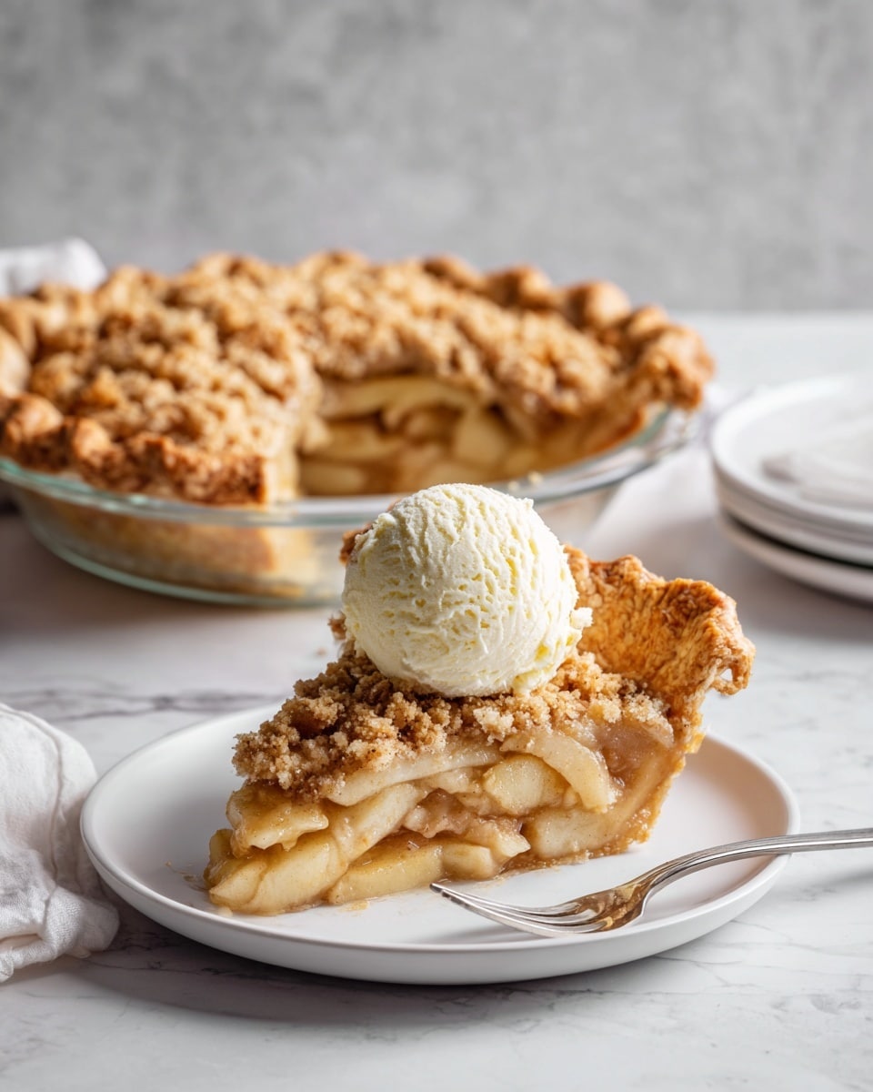 A slice of apple pie sits on a white plate, its bottom layer is a golden-brown crust, followed by a thick layer of soft, light brown baked apple slices, topped with a crumbly light golden streusel. A pale scoop of vanilla ice cream with a creamy texture rests on top of the pie slice. A silver fork lies next to the pie on the plate. Behind, the full pie is in a clear glass pie dish, showing the golden crust and crumb topping, with one slice missing. The scene is set on a white marbled surface with a light gray wall in the background. photo taken with an iphone --ar 4:5 --v 7