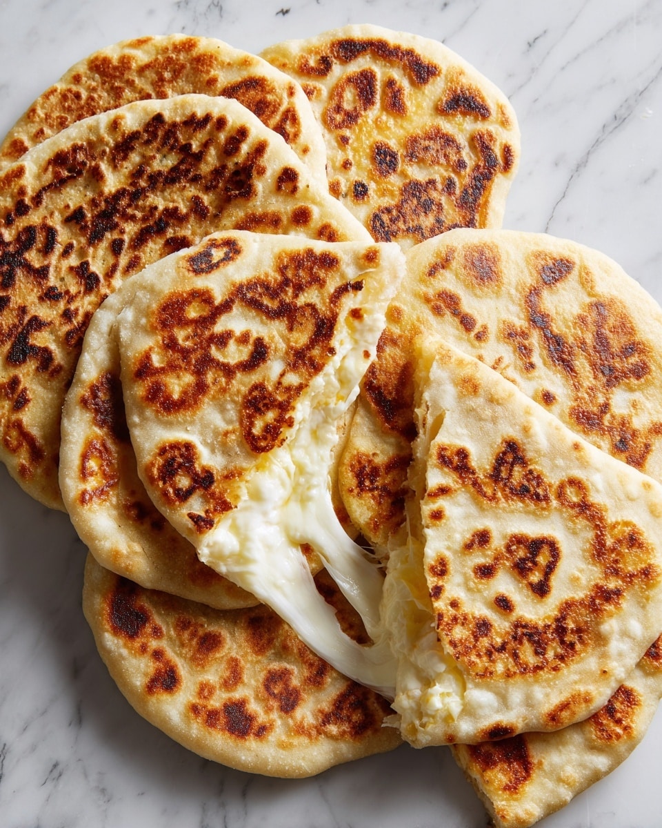 The image shows several round, golden brown flatbreads with uneven, toasted spots on their surfaces. One flatbread is broken open in the middle, revealing a melted white cheese layer that stretches between the two halves, with a soft, light beige dough exterior. The flatbreads are softly textured with slight puffiness and charred patches, arranged closely together on a white marbled surface. Photo taken with an iphone --ar 4:5 --v 7