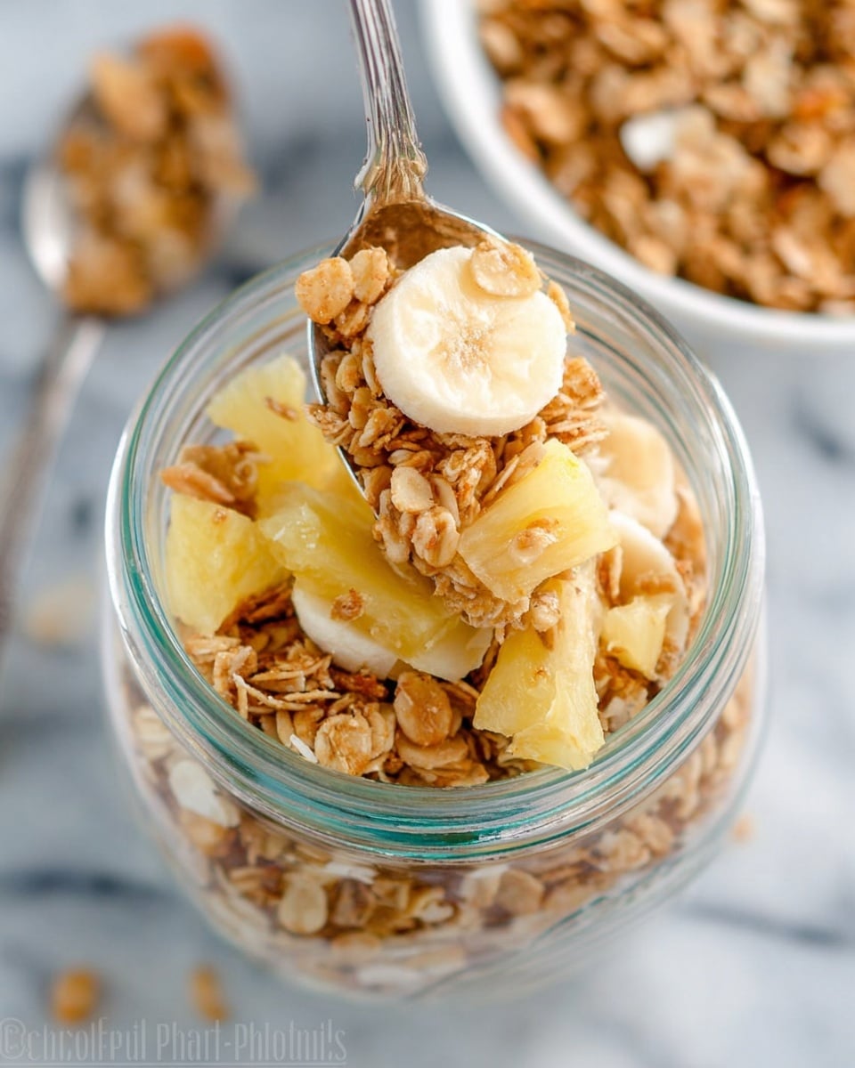 The image shows a clear glass jar filled with granola that has three visible layers: the bottom and middle layers are made up of small, light brown rolled oats mixed with pieces of coconut, while the top layer includes sliced bananas and chunks of pale yellow dried pineapple, all with a crunchy texture. A shiny silver spoon is inserted into the jar, lifting a mix of granola, sliced bananas, and pineapple chunks. The jar is placed on a white marbled surface. Part of a white bowl filled with the same granola is blurred out in the background. photo taken with an iphone --ar 4:5 --v 7
