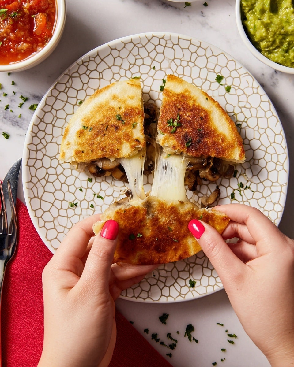 A close-up of a woman's hands pulling apart a stuffed quesadilla on a white plate with a hexagonal pattern. The quesadilla has two golden brown, crispy layers on the outside, sprinkled with green herbs. Inside, the first layer is melted white cheese stretching between the halves, and beneath that, small pieces of cooked mushrooms. The plate sits on a white marbled surface, with small green herb bits scattered around. On the left, there is a white bowl with a red salsa visible, and on the right, a white bowl holding green guacamole. A red napkin and silver fork and knife are partly visible on the left side. photo taken with an iphone --ar 4:5 --v 7