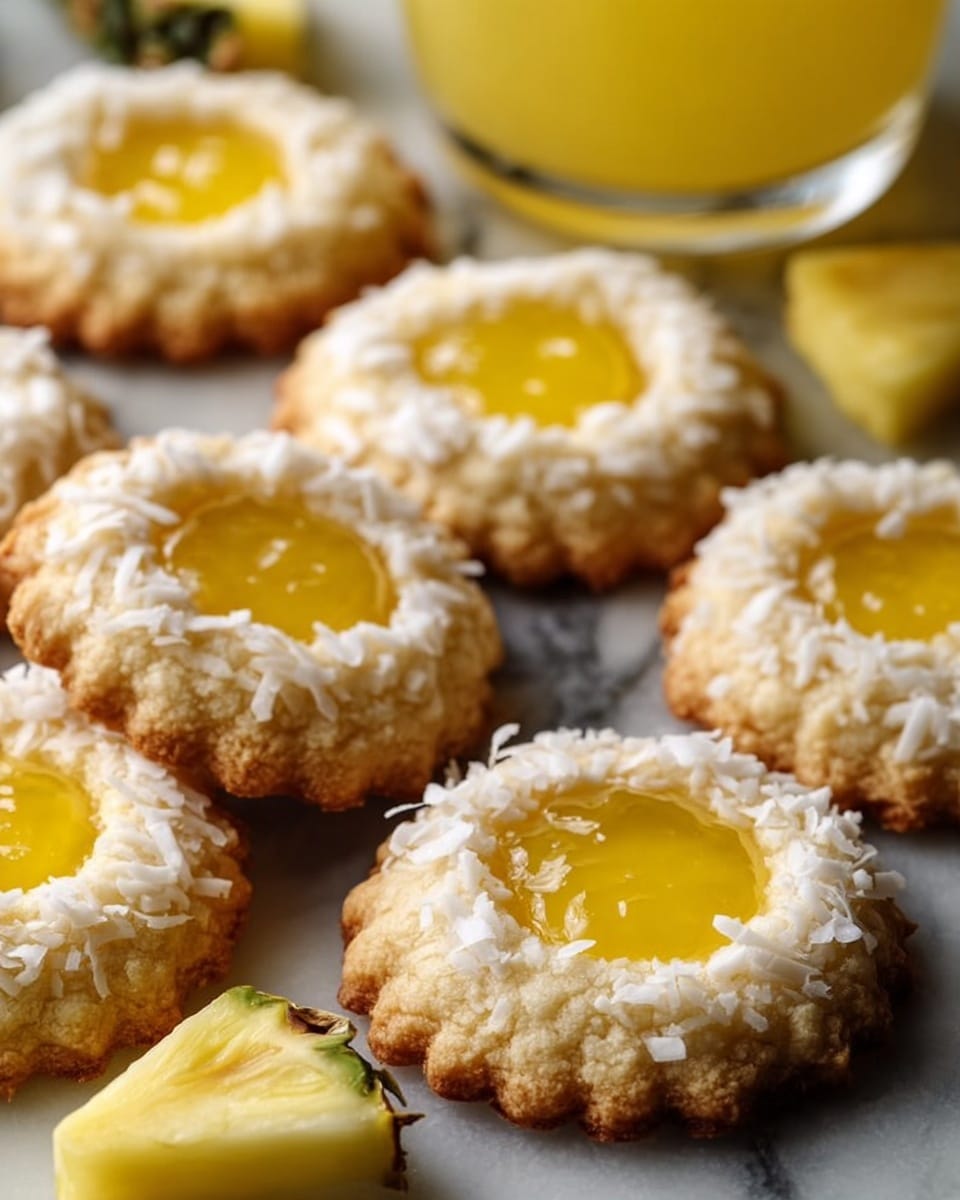 A stack of seven round cookies with a crumbly texture and a shiny yellow jam center is shown on a white marbled surface. The cookies are golden brown with visible bits of coconut on the surface, and the jam looks thick and glossy. Around the stack, a few more cookies lie flat, showing the jam spreading slightly at the edges. In the background, a whole pineapple is blurred, adding a tropical feel, and a bright pink flower adds a pop of color on the white marbled surface. Photo taken with an iphone --ar 4:5 --v 7
