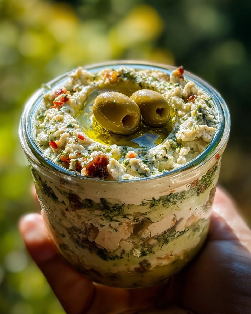 A close-up of a small, clear glass jar held by a woman's hand, filled with a creamy, textured mixture that has white and green colors mixed with small red bits throughout, giving it a speckled appearance. The top layer is swirled and slightly uneven, showing a glossy drizzle of olive oil and two whole green olives resting on top. The background is softly blurred with green tones, highlighting the jar’s contents. photo taken with an iphone --ar 4:5 --v 7