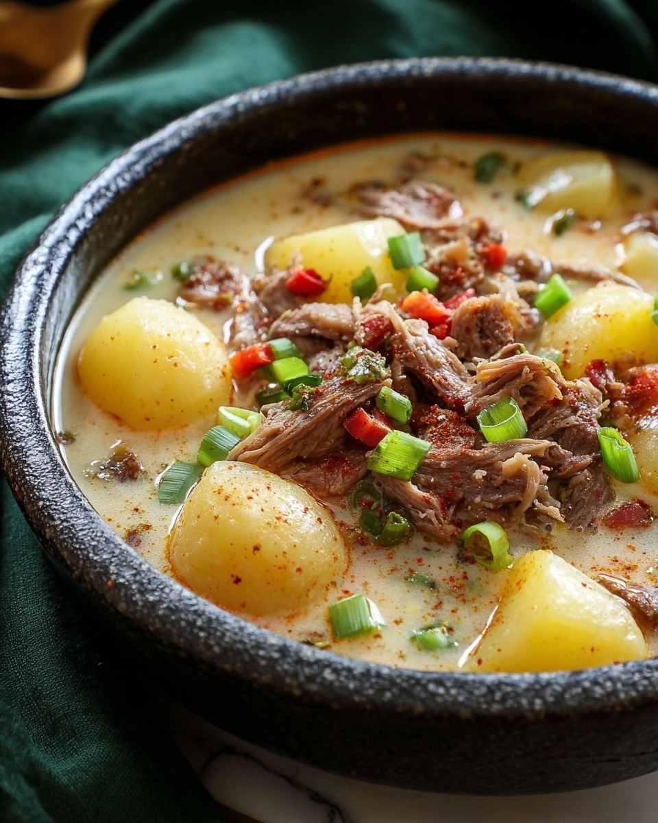 A close-up of a bowl filled with creamy stew, showing a rich white broth with chunks of soft yellow potatoes scattered throughout. On top, there are tender pieces of shredded brown meat mixed with small bits of red and green vegetables, likely peppers and chopped green onions, adding color contrast. The thick liquid glistens, with hints of a light sprinkling of red spice powder over the stew, giving it more texture. The bowl is black and rough-textured, resting on a white marbled surface with a green cloth partially visible beside it. photo taken with an iphone --ar 4:5 --v 7