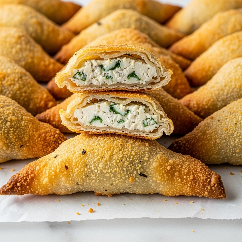 This image shows several golden brown samosas with a crispy, flaky outer layer arranged closely together on white parchment paper over a white marbled surface. One samosa is cut in half and placed on top, revealing three layers inside: the thin, crunchy golden shell on the outside, a creamy white layer of cheese filling in the middle with green herb pieces, and small bits of darker seasoning mixed throughout. The textures of the samosas look crunchy and crumbly on the outside and soft and moist on the inside. Photo taken with an iphone --ar 4:5 --v 7