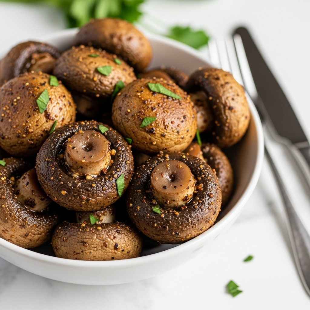A close-up of a bowl filled with cooked whole mushrooms, coated in a dark brown seasoning with visible small green herb pieces scattered over them. The mushrooms have a slightly shiny, oily surface, showing a well-spiced texture. The bowl is white and sits on a white marbled surface, with a knife and fork placed nearby and some green herbs blurred in the background. Photo taken with an iphone --ar 4:5 --v 7