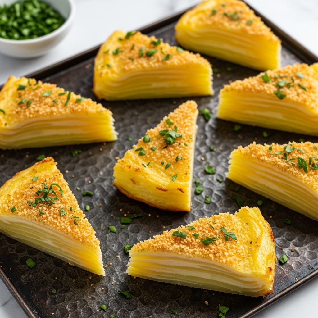 This image shows several triangular slices of a layered potato dish arranged on a textured dark metal tray. Each slice has multiple thin yellow layers that look soft and creamy, topped with a golden-brown crust sprinkled with small, finely chopped green herbs. The tray is placed on a white marbled surface with a small white bowl filled with more green herbs visible in the background. The slices are evenly spaced, highlighting their smooth, delicate texture and slightly crispy tops. photo taken with an iphone --ar 4:5 --v 7
