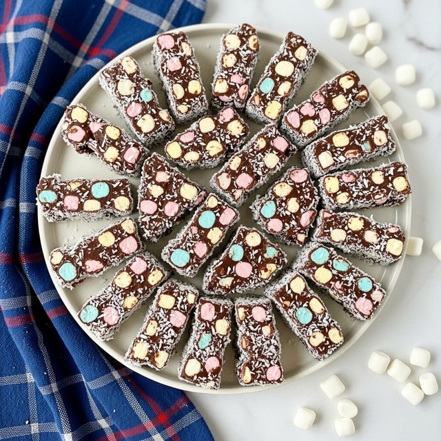 A white round plate filled with many slices of rocky road dessert, each slice showing a mix of small pastel-colored marshmallows in pink, yellow, blue, and white, all embedded in dark chocolate. The edges of the slices are coated with shredded coconut, adding a light texture contrast. Some whole white mini marshmallows are scattered around the plate, which sits on a white marbled surface. A blue and red plaid cloth partially covers the left side of the image. Photo taken with an iphone --ar 4:5 --v 7