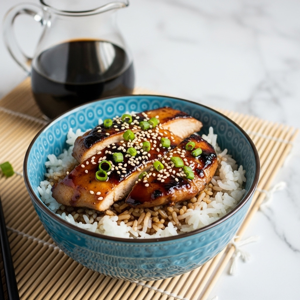 A bowl with a blue patterned outer surface filled with a base layer of white rice, topped with two slices of grilled chicken glazed with a dark brown sauce, garnished with chopped green onions and sesame seeds scattered on top. The bowl sits on a bamboo mat, placed on a white marbled surface, with a clear glass pitcher filled with dark soy sauce in the background. photo taken with an iphone --ar 4:5 --v 7