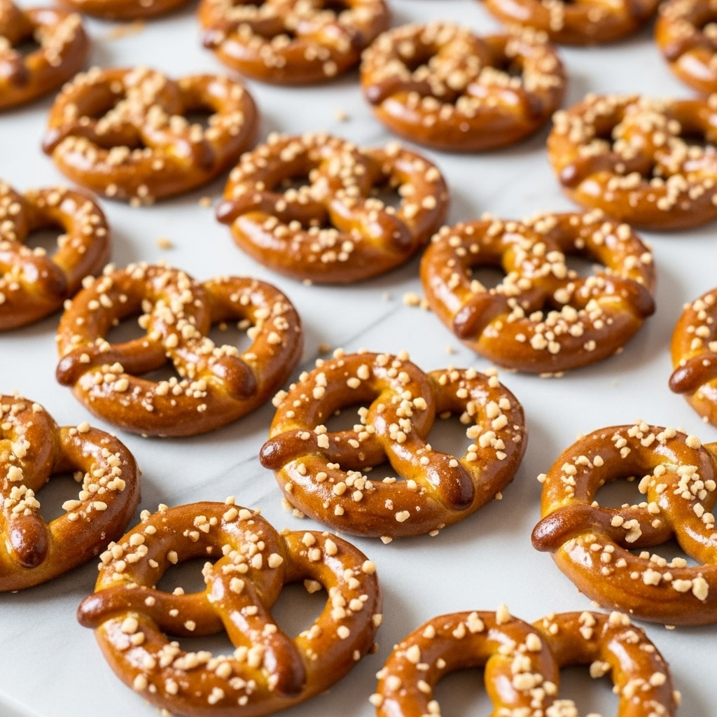 A close-up view of many golden brown pretzels spread out in a single layer on a white marbled surface, each pretzel coated with a shiny glaze and sprinkled with small, light beige crushed nut pieces that add texture and contrast; the pretzels are twisted in their classic shape with a slightly rough surface from the glaze and nuts. photo taken with an iphone --ar 4:5 --v 7
