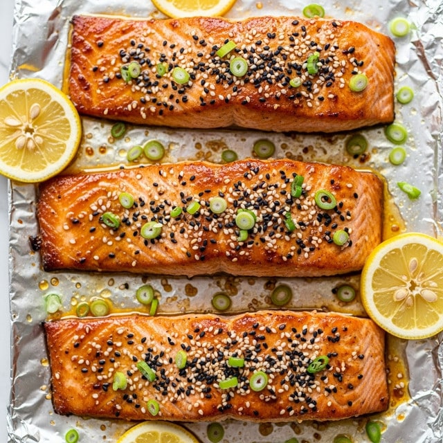 The image shows three cooked salmon fillets placed closely together on a white marbled surface lined with crinkled aluminum foil. Each fillet is covered with a shiny, golden-brown sauce that glistens under light. The salmon's surface is textured and slightly charred, showing cooked pink and light orange shades. Scattered evenly on top are black and white sesame seeds along with small green chopped scallions, adding colour contrast. Thin lemon wedges with visible seeds and segments are placed around the fillets, also garnished with small bits of scallion. photo taken with an iphone --ar 4:5 --v 7