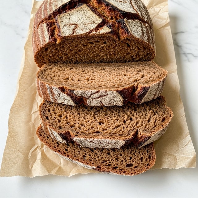 A close-up view of three thick slices of dark brown bread with a dense, slightly coarse texture, stacked slightly off each other on crumpled light brown parchment paper. Part of the unsliced loaf with a rough, cracked crust that is darker brown sits above the slices. The scene is set on a white marbled surface, highlighting the deep, rich tones of the bread's interior and crust. Photo taken with an iphone --ar 4:5 --v 7