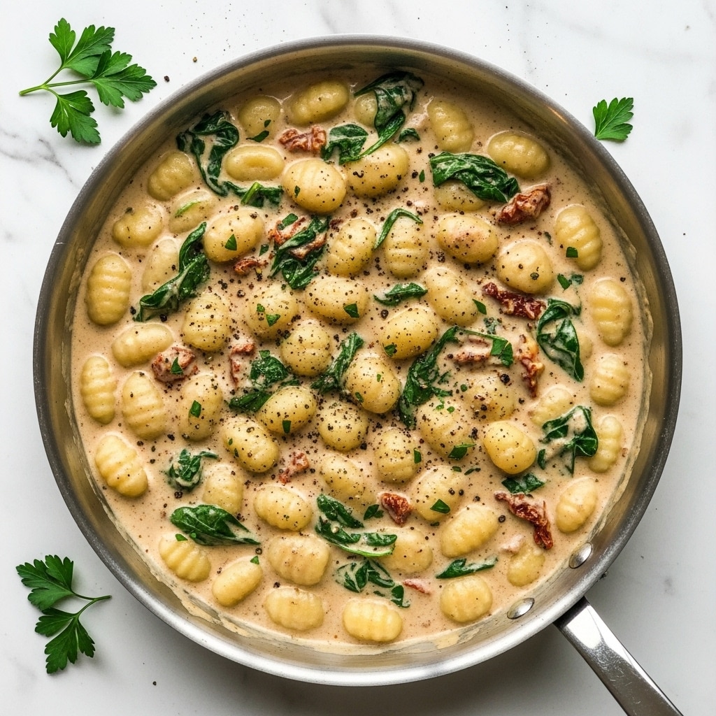 A metal pan filled with creamy gnocchi in a thick, light beige sauce with visible black pepper specks on top; the gnocchi are soft, smooth, and plump, covered evenly by the sauce. Mixed within the sauce are dark green leafy spinach pieces and small bits of sun-dried tomatoes adding red and green color contrasts. The pan sits on a white marbled surface with a few sprigs of fresh parsley scattered nearby. Photo taken with an iphone --ar 4:5 --v 7