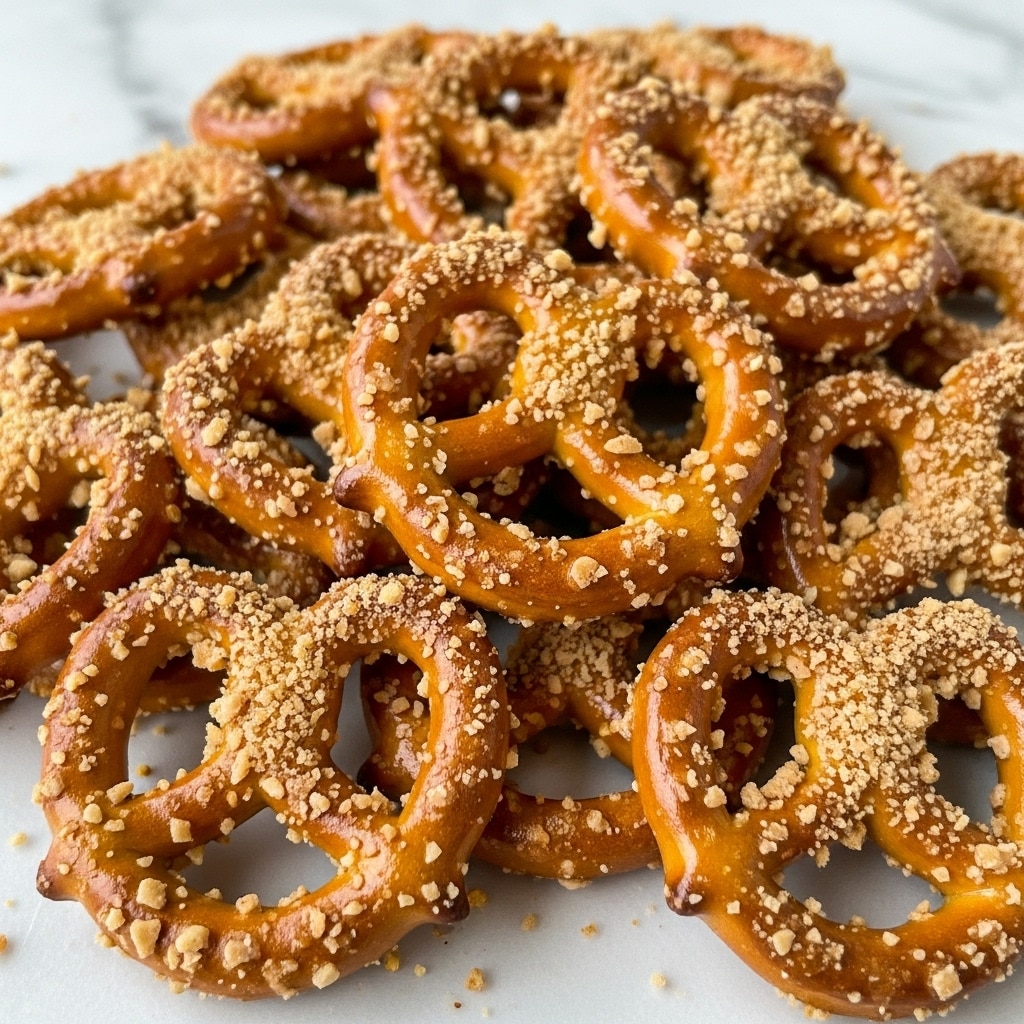 A close-up view of a pile of small, crunchy pretzels coated with light brown crushed nuts and grains. Each pretzel is golden brown with a shiny surface, showing slight texture from the baked dough. The crushed nuts are sprinkled unevenly, some larger chunks and some fine crumbs, covering the pretzels from top to bottom. The background features a white marbled texture, making the pretzels stand out clearly. The photo taken with an iphone --ar 4:5 --v 7