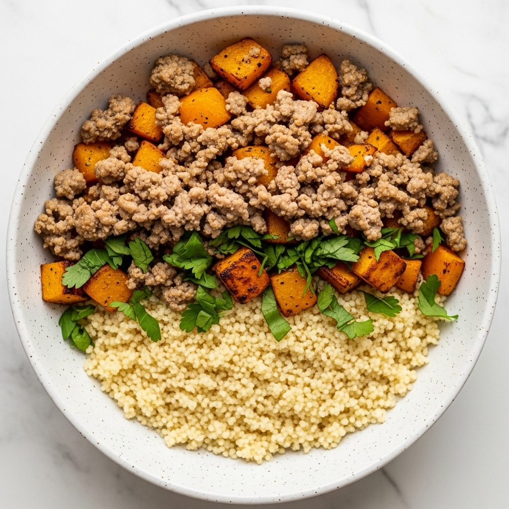 A white speckled bowl holds a layered dish starting with a bottom layer of light, fluffy couscous, creamy and granulated in texture, filling about one-third of the bowl. Above it is a mix of golden-brown roasted butternut squash cubes, slightly charred with an oily gloss giving a crisp look. On top, scattered green leafy herbs add freshness, mingled with crumbled cooked ground meat that is light brown, crumbly, and moist, evenly spread over the squash. The bowl sits on a white marbled texture, enhancing the dish's warm colors. photo taken with an iphone --ar 4:5 --v 7