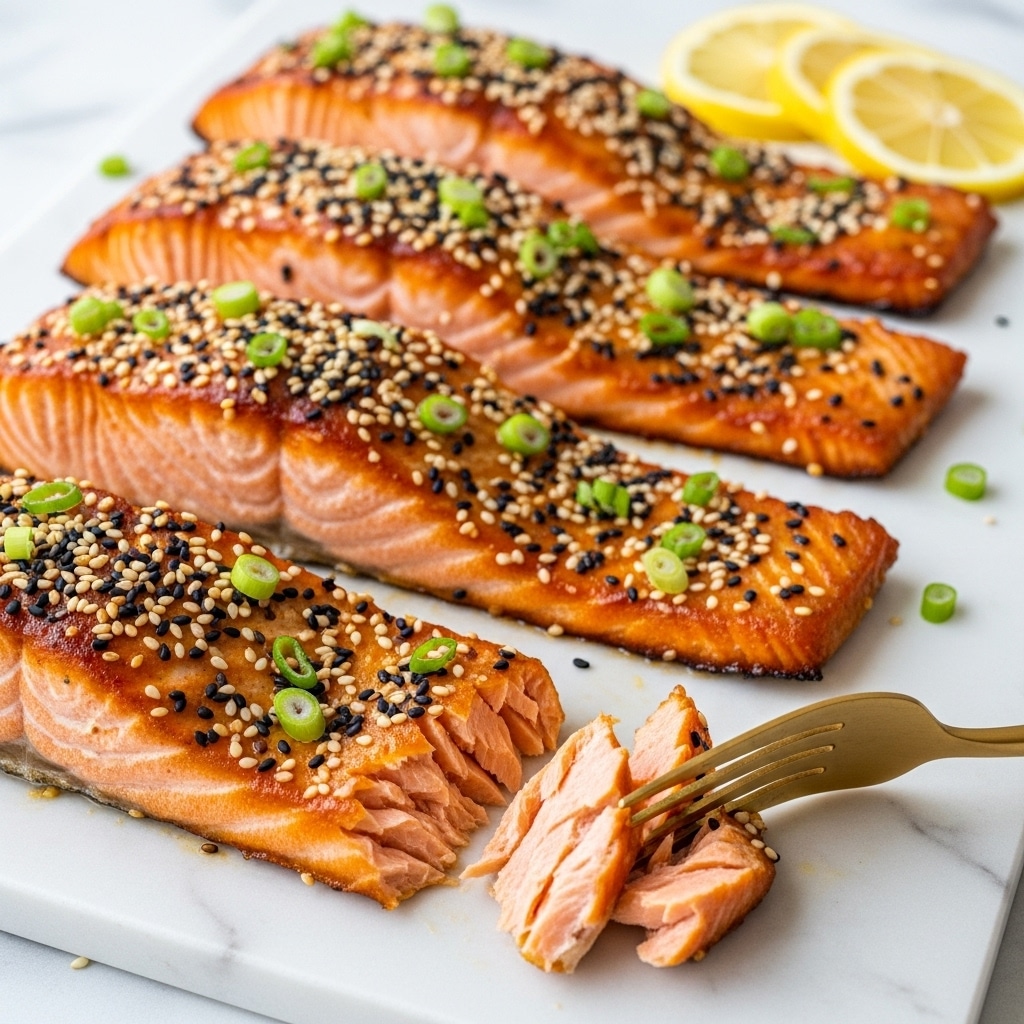 The image shows four long, cooked salmon fillets arranged side by side on a white marbled surface. Each fillet has a glossy orange-brown top layer, sprinkled with black and white sesame seeds and small pieces of green onion scattered evenly. The texture of the salmon looks moist and tender with visible flaky layers inside. A golden fork picks up a piece from the bottom of one fillet, showing the inside's soft pink flesh. In the background, there are thin lemon slices placed near the salmon, adding a touch of yellow to the scene. The whole setting looks fresh and well-lit. photo taken with an iphone --ar 4:5 --v 7