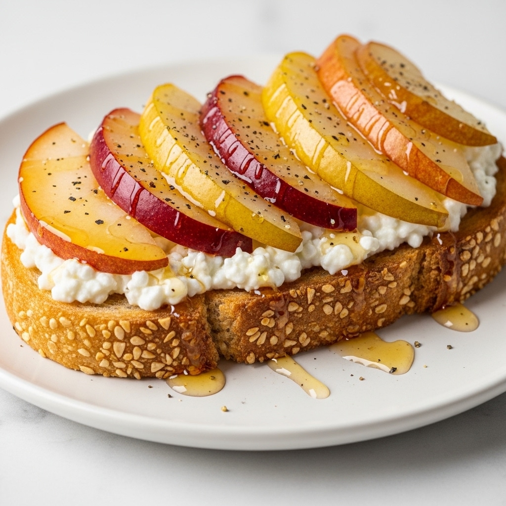 The image shows a close-up of toasted bread with three visible layers: the base layer is golden-brown toasted bread with a crunchy textured crust, topped by a thick, white, creamy layer of cottage cheese evenly spread; on top are thinly sliced, glossy, caramelized yellow and red pears arranged closely with some slices slightly overlapping, sprinkled with small black pepper spots, and drizzled with honey that adds a shiny glaze. The toast rests on a white plate placed on a white marbled textured surface. Photo taken with an iphone --ar 4:5 --v 7