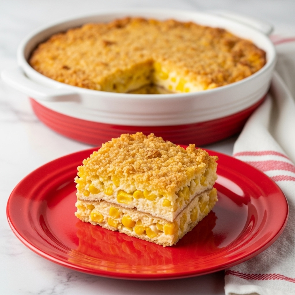 A golden-brown baked corn casserole with a slightly crunchy top layer sits in a white round baking dish with a red rim. A piece is cut out and placed on a glossy red plate, showing three layers: a crispy top layer, a creamy middle layer mixed with soft corn kernels, and a slightly thicker bottom layer. The plate and dish rest on a white marbled surface with a red and white striped cloth nearby. photo taken with an iphone --ar 4:5 --v 7