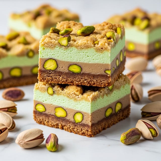 Two square bars of pistachio dessert are stacked on a white marbled surface. Each bar has three clear layers: a thin, firm brown base on the bottom, a thick, smooth light green middle layer with bits of chopped pistachios inside, and a crumbly top layer that is golden brown with small green pistachio pieces sprinkled throughout. Around the bars, there are whole and halved pistachios scattered, adding texture and color. The focus is close up, showing the crumbly texture and the layers clearly. Photo taken with an iphone --ar 4:5 --v 7