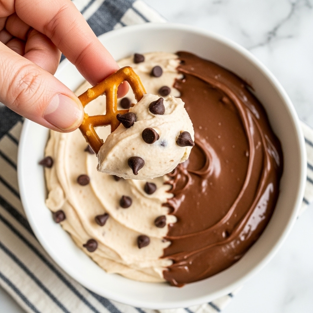 A close-up image showing a woman's hand holding a small square pretzel with a scoop of thick, light beige creamy dip dotted with dark chocolate chips. The dip is in a white bowl and is half covered with a smooth, shiny dark brown chocolate layer on one side. The bowl is resting on a white marbled surface with a striped cloth underneath. photo taken with an iphone --ar 4:5 --v 7