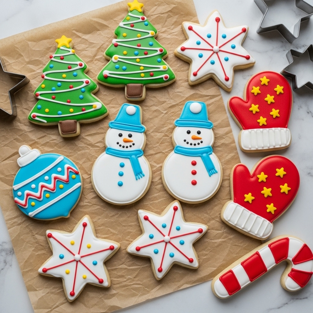 The image shows a collection of festive cookies on crumpled brown parchment paper placed on a white marbled surface. There are various shapes including two green Christmas trees decorated with white icing swirls, colorful dots, and yellow stars on top; two snowmen covered in white icing with blue hats, small orange noses, and red buttons; a red mitten with yellow star decorations and a white cuff; a blue and white Christmas ornament with white zigzag lines and colorful dots; two star-shaped cookies with white icing bases and starburst patterns in red and blue, each with small colorful dots; and a candy cane-shaped cookie with red and white stripes. The cookies have smooth, glossy icing in vibrant colors with detailed textures showing neat piping work. Nearby are silver cookie cutters in star and other shapes on the white marbled surface. photo taken with an iphone --ar 4:5 --v 7