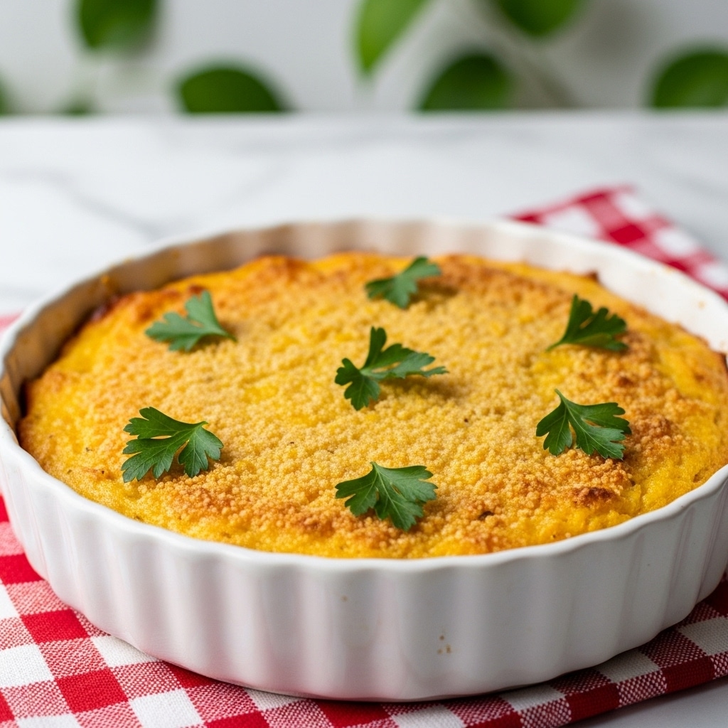 The image shows a golden baked dish in a white round ceramic dish with fluted sides. The top layer is a crispy, browned crust with a slightly grainy texture, indicating it might be a cornbread or similar casserole. There are green parsley leaves scattered on top for garnish, adding a pop of color to the warm yellow and golden tones. The ceramic dish is placed on a red and white checkered cloth, and the background is a white marbled surface with blurred green leaves in the distance. Photo taken with an iphone --ar 4:5 --v 7
