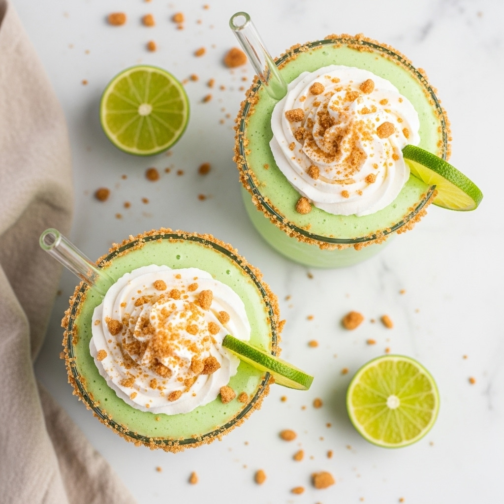 Two green creamy drinks are shown from above, each in a clear glass with rims coated in crushed crumbs. Each drink has three main layers visible from top: a smooth light green base, a fluffy white whipped cream swirl in the middle, and toasted crumb sprinkles on top. A fresh thin lime slice is tucked into the side of the whipped cream on each drink. Clear glass straws stick out from the whipped cream. The drinks sit on a white marbled surface with scattered crumbs and lime slices around. A beige cloth is partially visible on the left side of the image. photo taken with an iphone --ar 4:5 --v 7